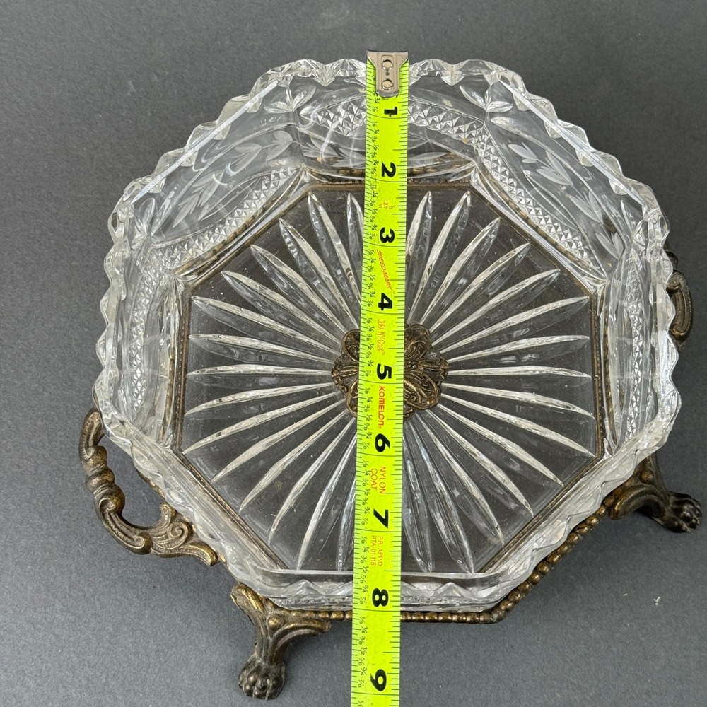 Vintage Cut Crystal Glass Bowl Ornate Metal Stand Claw Paw Feet Candy Dish - Picture 11 of 12